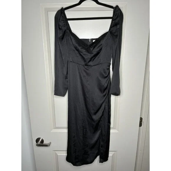 Aritzia Wilfred Satin Masquerade Dress in Black Size 4 Longsleeve Midi High Slit - Picture 2 of 9